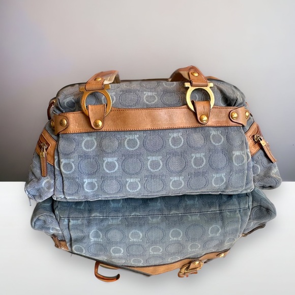 Ferragamo cotton blue denim shoulder satchel leather w/dustbag #H76c - Picture 5 of 10